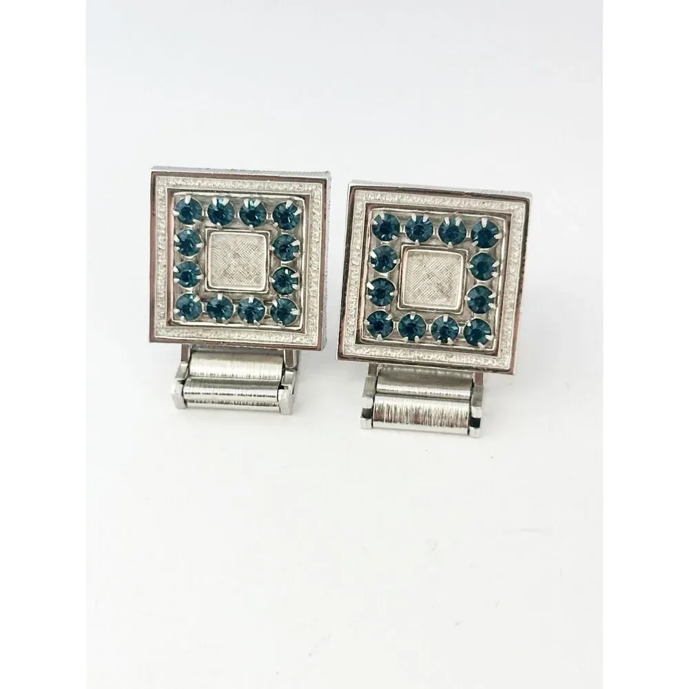 Vintage Swank Cufflinks Silver Tone Square blue rhinestones Retro Man